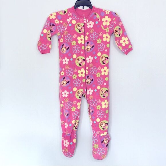Disney | Minnie Mouse Footed Pink Fleece Multicolored Floral Pajamas Sle… - Picture 1 of 13